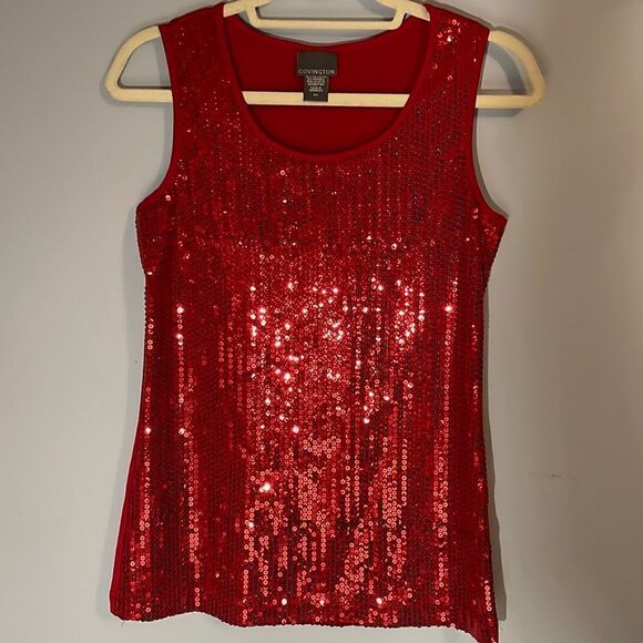 Red Sequin Sleeveless Tank Top Shimmer Party - Picture 1 of 4